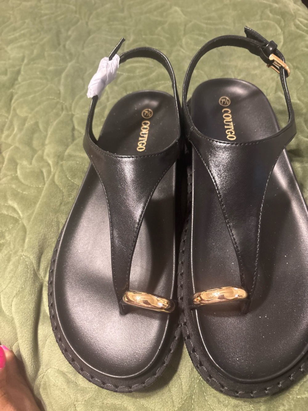 Fashionable Black Coutiro T-Strap Sandals with Gold Toe Accent